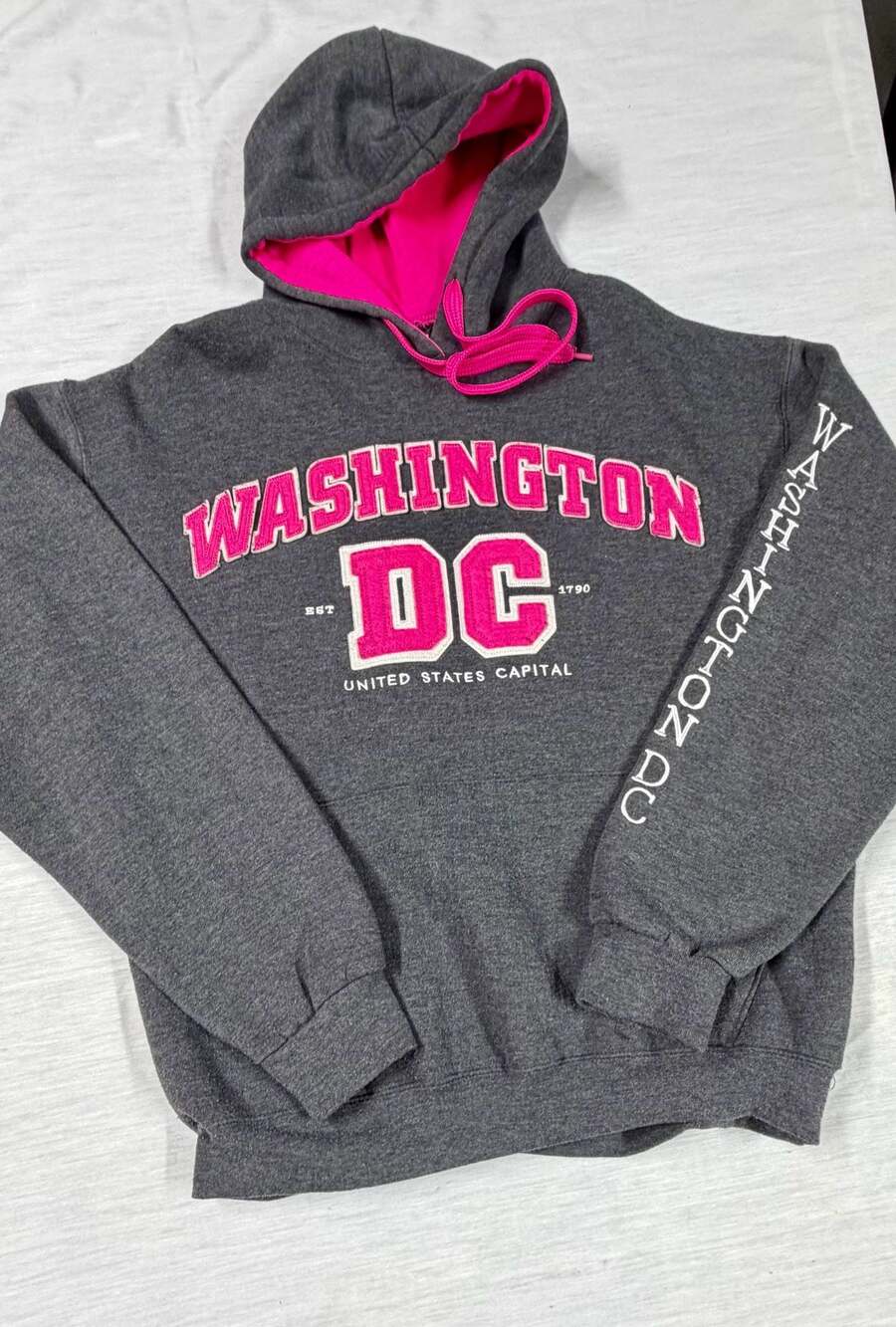 Washington DC Charcoal Gray Hoodie with Pink Embroidered Lettering